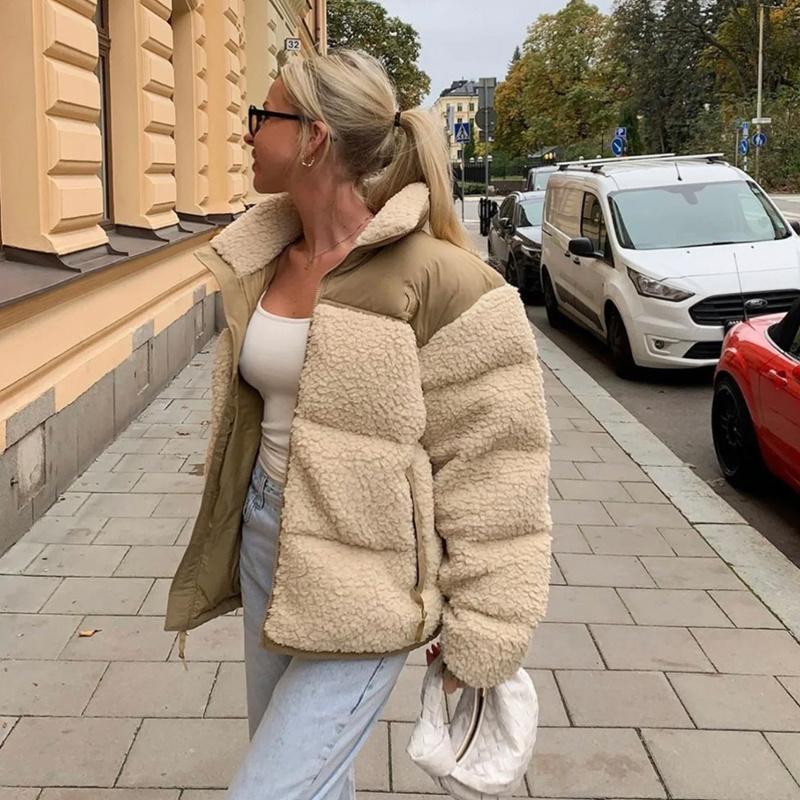 

Women Faux Shearling Outerwear Womens Jackets Winter Fleece Jacket Coats Female Suede Fur Coat Men Warm Thickened Lamb Puffer, Patchwork camel