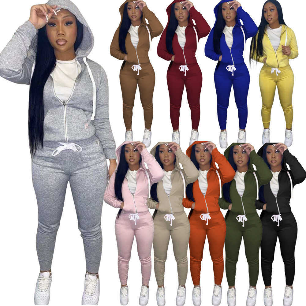 Women's clothing pant Clothes Tracksuits Two Pieces Autumn and winter solid color thin leg slim hooded sweater S-3XL Women's Two Piece Pants