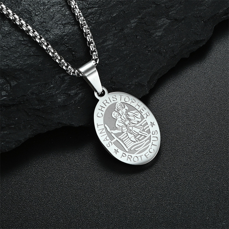 Saint Christopher Necklace for Men Women Car Pendant Catholic Gifts The Protector of Travelers Stainless Steel Medal 24 inches