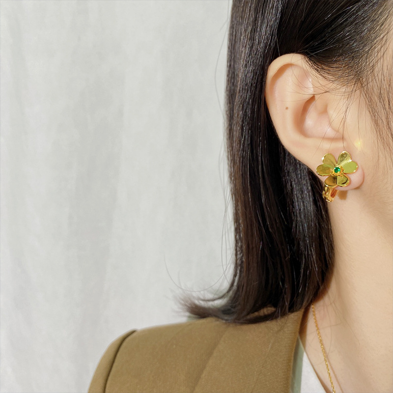 New Red CZ 3 clover flower green gold stud earring for woman jewelry simple style personality design mini