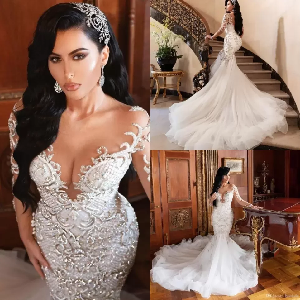 Mermaid Arabic Wedding Dresses Dubai Sparkly Crystals Long Sleeves Bridal Gowns Court Train Tulle Skirt Robes De BC