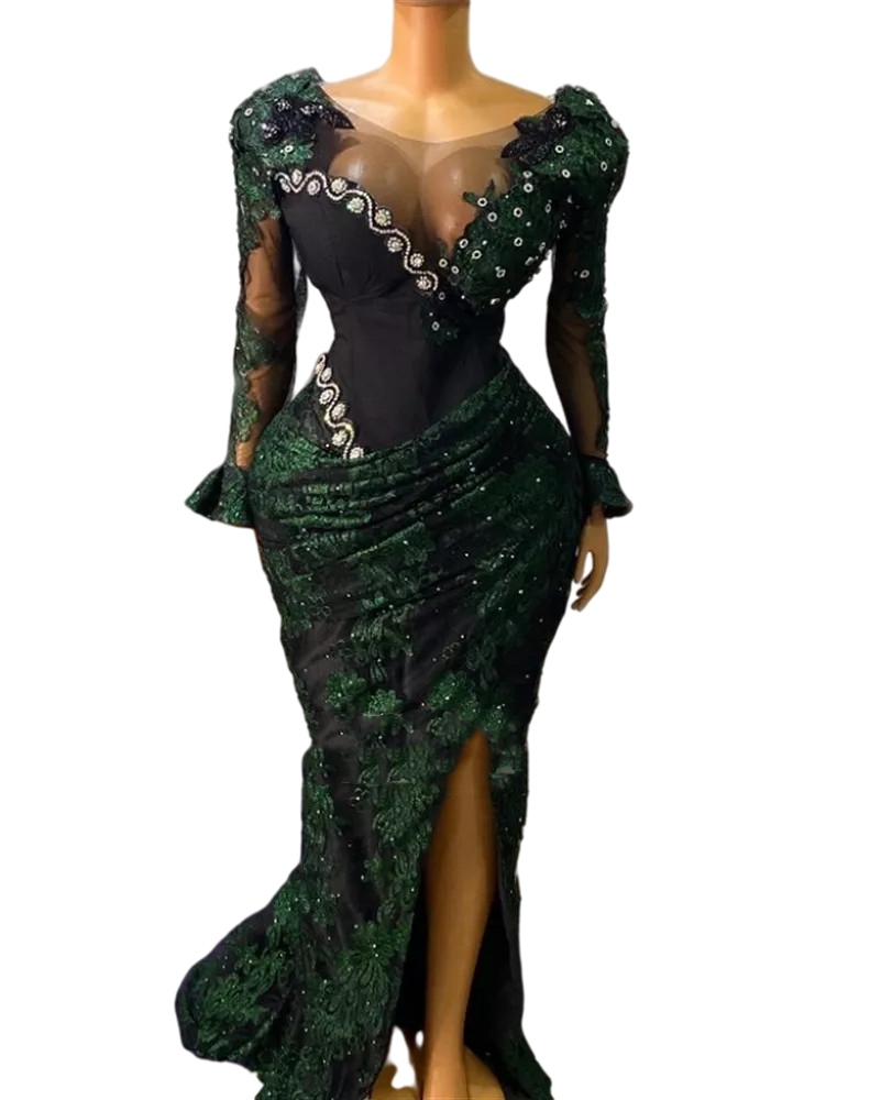 Emerald Green Mermaid Evening Dresses Illusion Long Sleeve Lace Floral Crystal Beaded Sheer Neck African Aso Ebi Sexy Slit Prom Gowns