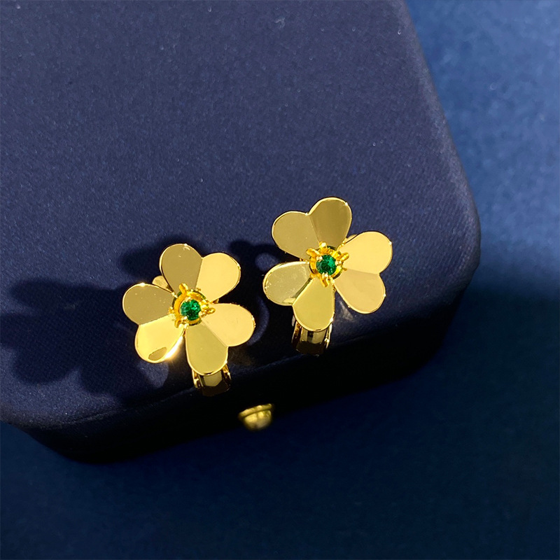 New Red CZ 3 clover flower green gold stud earring for woman jewelry simple style personality design mini