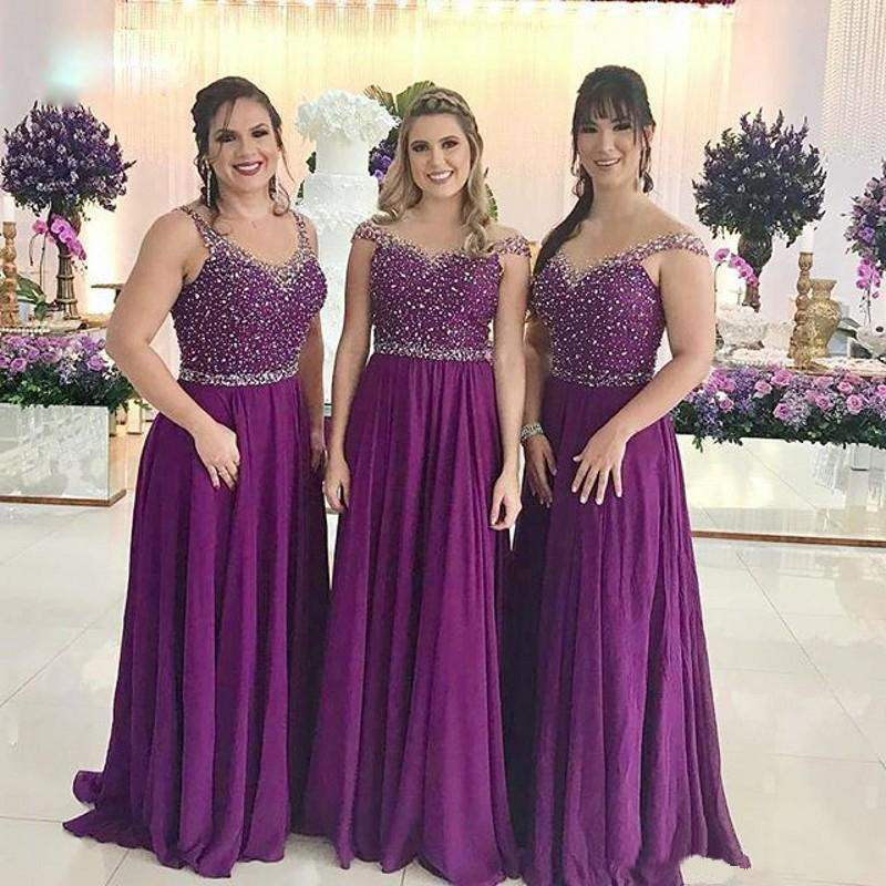 New Sparkle Sequins Beaded Purple Long Bridesmaids Dresses Illusion Back Cap Sleeve A-e Wedding Guest Dress or Length