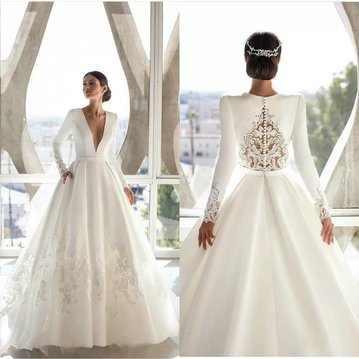 Modern Long Sleeves Satin A-Line Wedding Dresses Bridal Gowns Lace Appliques V-Neck Hollow Back Buttons Ivory White Color Simple Chapel Garden Robe De