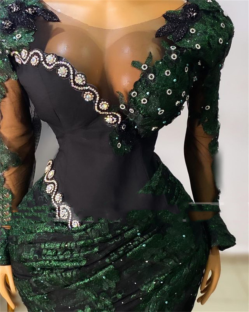 Emerald Green Mermaid Evening Dresses Illusion Long Sleeve Lace Floral Crystal Beaded Sheer Neck African Aso Ebi Sexy Slit Prom Gowns