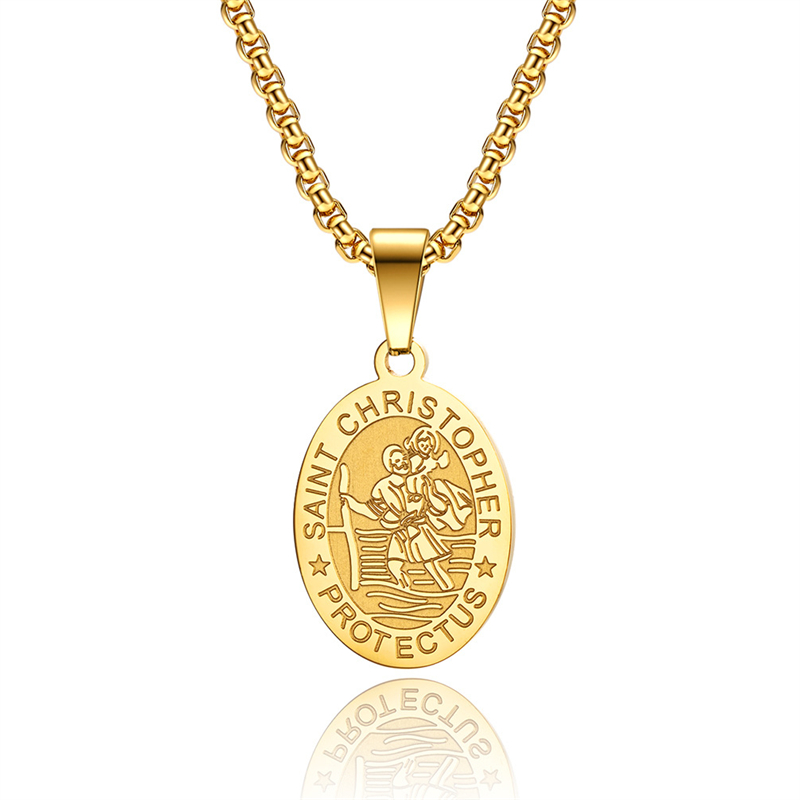 Saint Christopher Necklace for Men Women Car Pendant Catholic Gifts The Protector of Travelers Stainless Steel Medal 24 inches