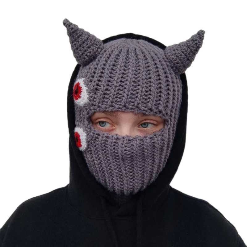 Cycling Caps Masks Halloween Funny Horns Creative Knitted Hat Beanies Warm Full Face Cover Ski Mask Hat Windproof Balaclava Hat for Outdoor Sport L221