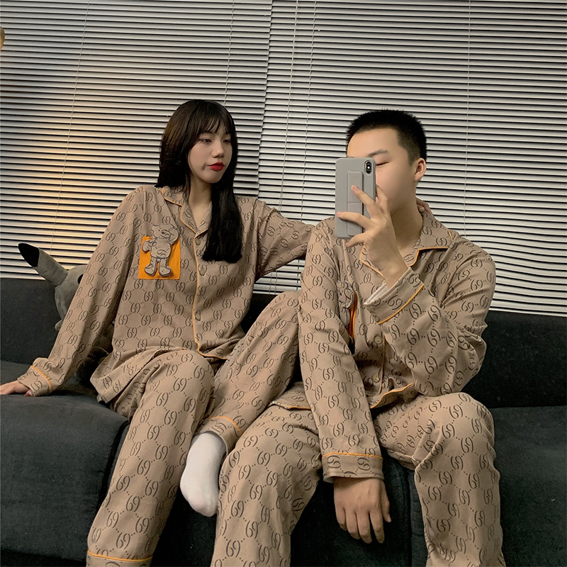 Women's Two Piece Pants Autumn Winter Cotton Matching Couple Pajamas Men Sleepwear Women Homewear Bedroom White Letter Pyjama Homme Couple Set