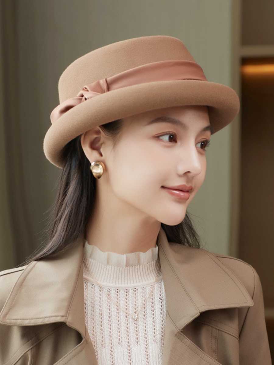 Beanie/Skull Caps Vintage Pork Pie Hat Women 3cm Small Brim Wool Felt Fedora Black Hat Lady Party Jazz Ribbon Trilby Cloche Hats L221013