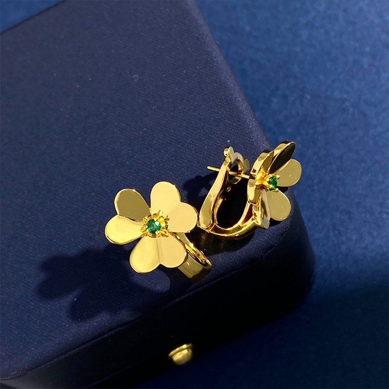 New Red CZ 3 clover flower green gold stud earring for woman jewelry simple style personality design mini