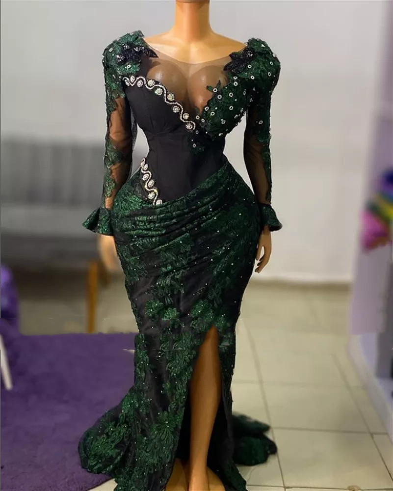 Emerald Green Mermaid Evening Dresses Illusion Long Sleeve Lace Floral Crystal Beaded Sheer Neck African Aso Ebi Sexy Slit Prom Gowns