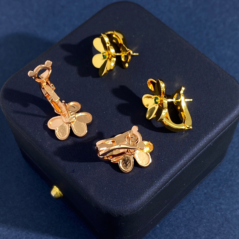 New Red CZ 3 clover flower green gold stud earring for woman jewelry simple style personality design mini