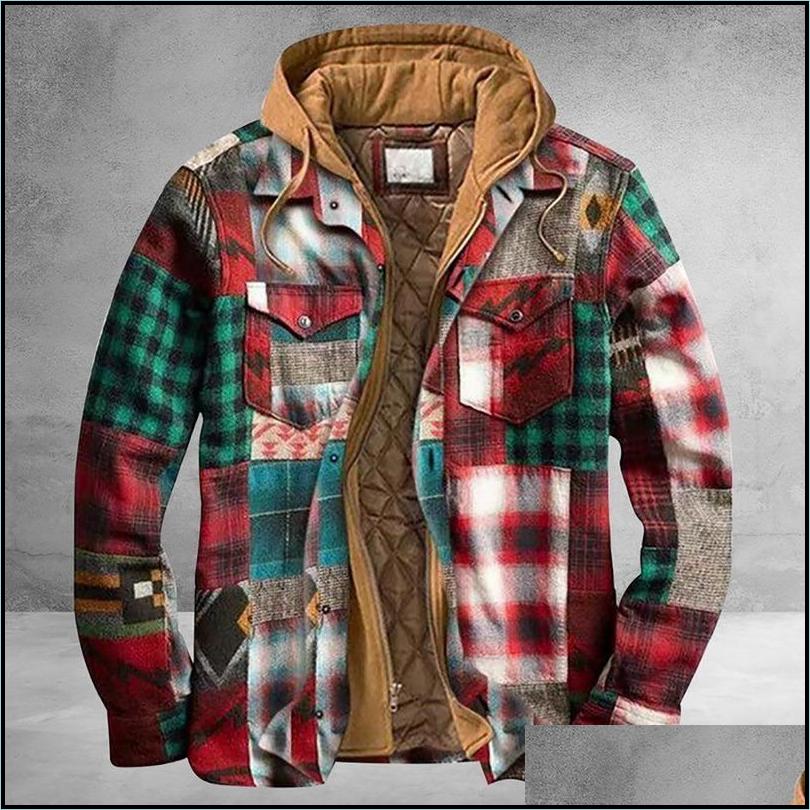 Men'S Jackets Mens Jackets Men Retro Vintage Spring Winter Long Sleeve Plaid Shirt Jacket For Checked Coat Overcoat Hooded Pocket Dr Dhxnj