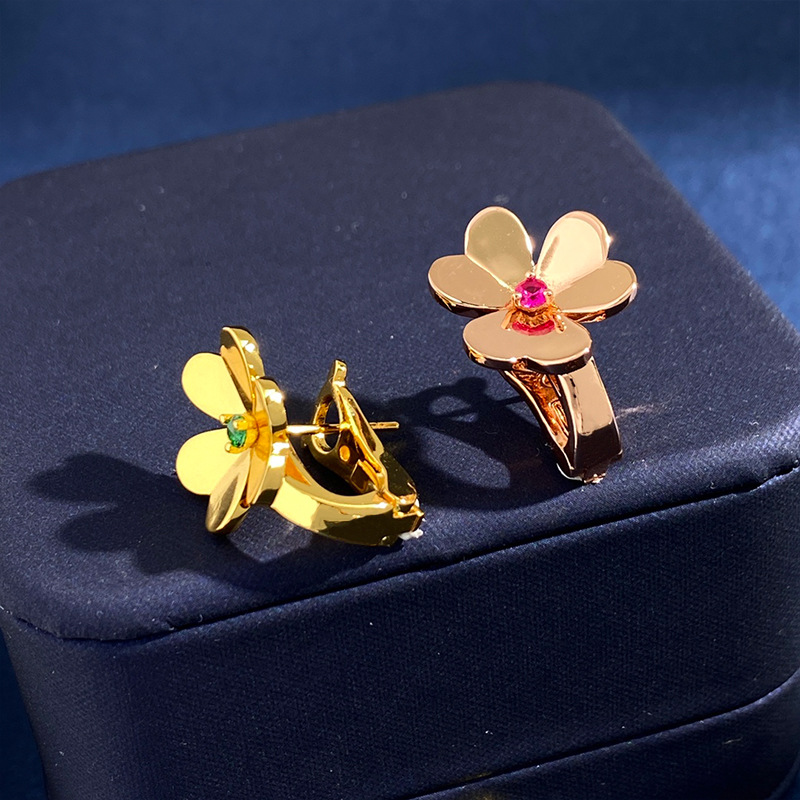 New Red CZ 3 clover flower green gold stud earring for woman jewelry simple style personality design mini