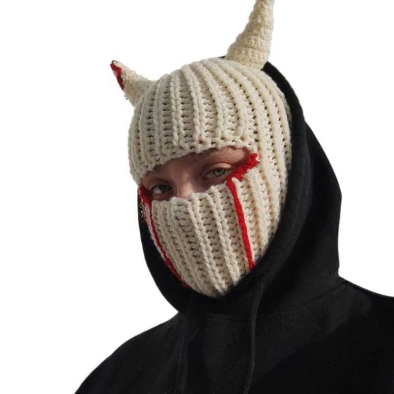 Cycling Caps Masks Halloween Funny Horns Creative Knitted Hat Beanies Warm Full Face Cover Ski Mask Hat Windproof Balaclava Hat for Outdoor Sport L221