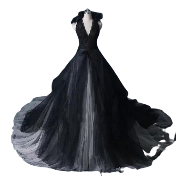 Black and White Ivory gothic Wedding Dress Gothic V Neck Sleeveless Lace Appliques Tulle Skirt Bridal Gowns Ruffles robes de mariage