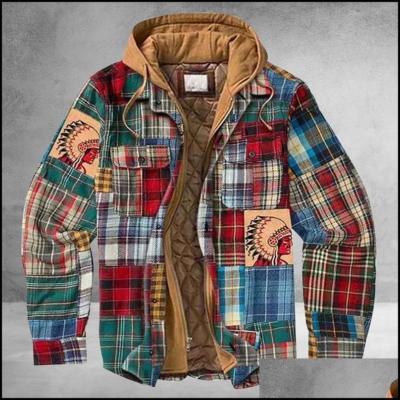 Men'S Jackets Mens Jackets Men Retro Vintage Spring Winter Long Sleeve Plaid Shirt Jacket For Checked Coat Overcoat Hooded Pocket Dr Dhxnj