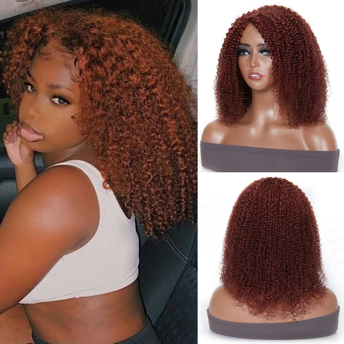 Glueless Afro Kinky Curly Human Hair Wig for Women Brazilian Hair Copper Red Full Volume Kinki Culr None Lace Front Wigs auburn brown color 33