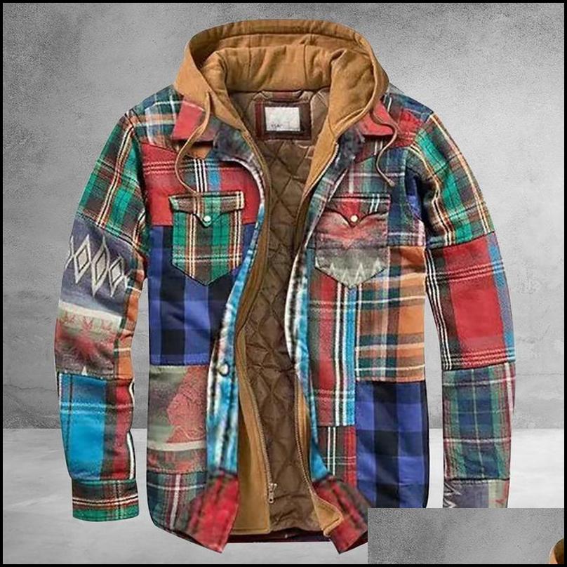 Men'S Jackets Mens Jackets Men Retro Vintage Spring Winter Long Sleeve Plaid Shirt Jacket For Checked Coat Overcoat Hooded Pocket Dr Dhxnj