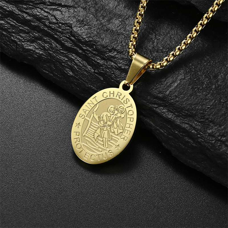 Saint Christopher Necklace for Men Women Car Pendant Catholic Gifts The Protector of Travelers Stainless Steel Medal 24 inches