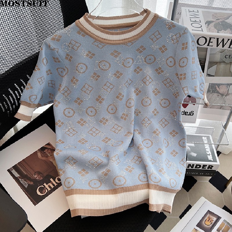 Summer Rhinestones Jacquard Knit Sweater Tees Women Pullover Tops Short Sleeve Round Neck Fashion Ladies Chic Female Knitwear