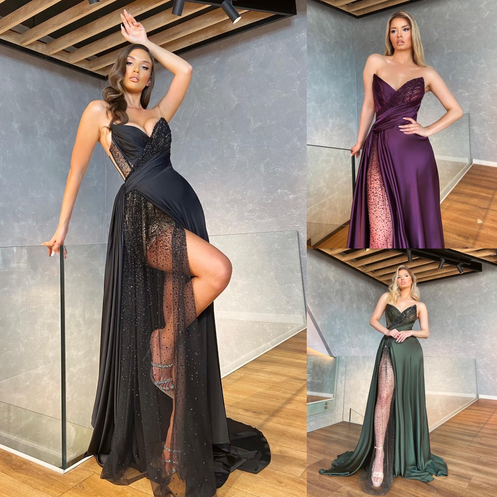 Prom Stunning Beaded Dresses V Neckline Sequined Evening Gowns Pleated Sweep Train Satin Plus Size Formal Dress