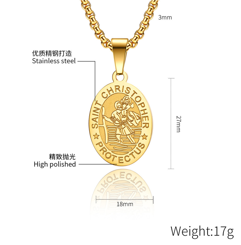 Saint Christopher Necklace for Men Women Car Pendant Catholic Gifts The Protector of Travelers Stainless Steel Medal 24 inches