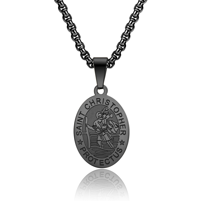 Saint Christopher Necklace for Men Women Car Pendant Catholic Gifts The Protector of Travelers Stainless Steel Medal 24 inches