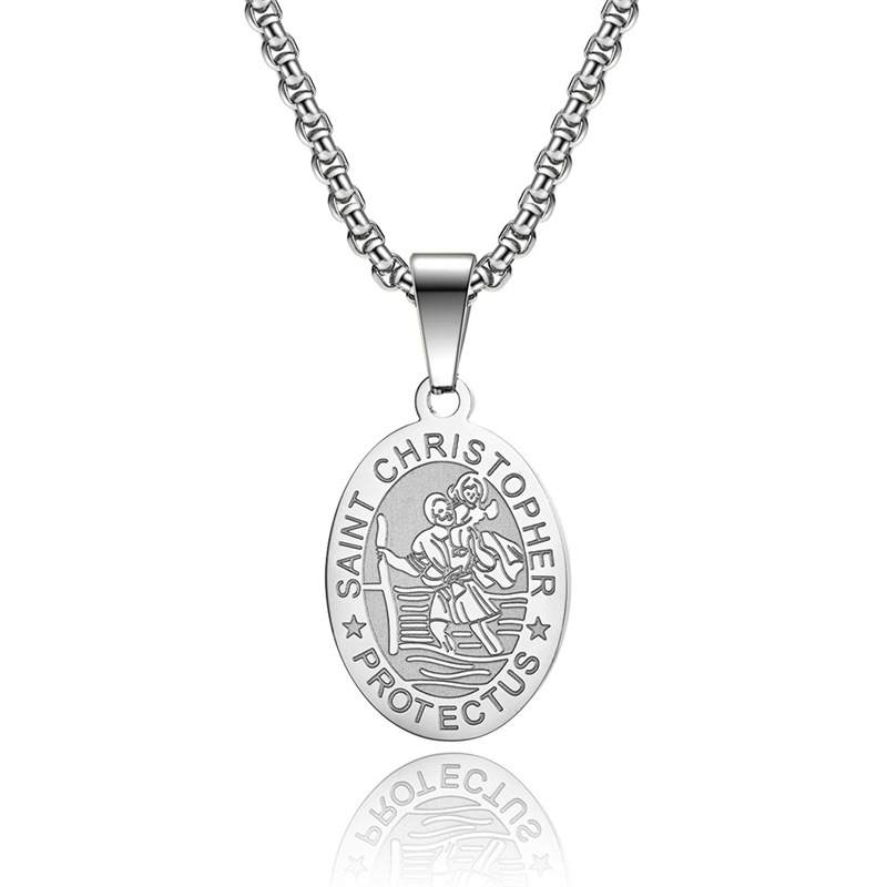 Saint Christopher Necklace for Men Women Car Pendant Catholic Gifts The Protector of Travelers Stainless Steel Medal 24 inches
