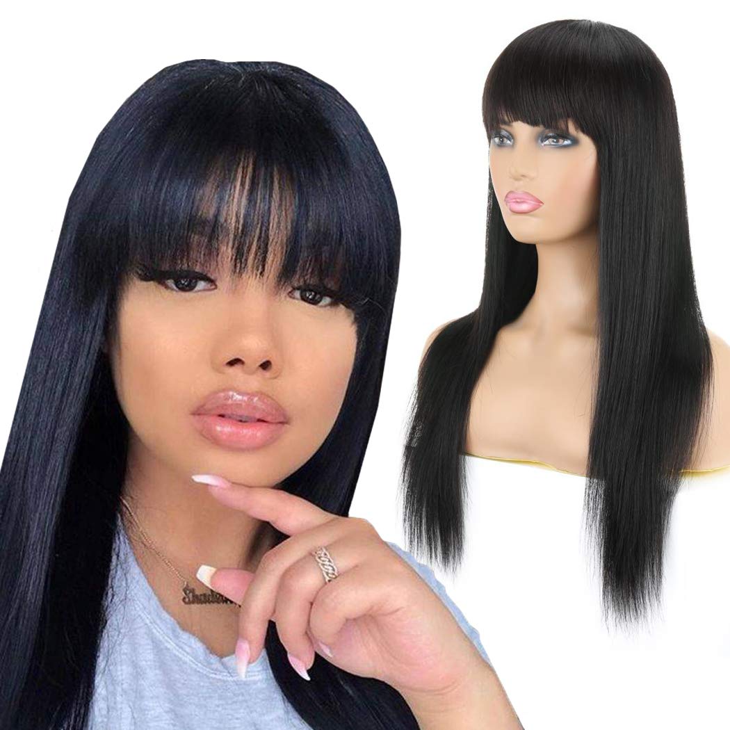 Short Bob Wigs With fringe Bangs 10inch Brazilian Straight Remy Human Hair None Lace Front 150 Density Glueless Machine Made Wig for Black Women Natur