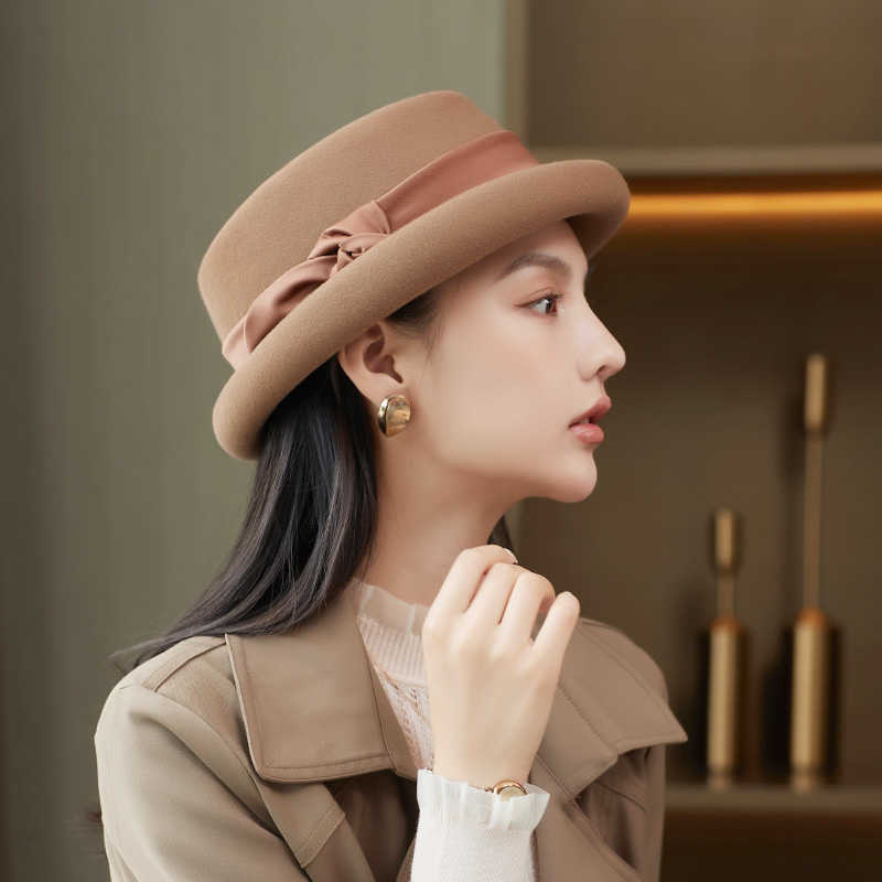 Beanie/Skull Caps Vintage Pork Pie Hat Women 3cm Small Brim Wool Felt Fedora Black Hat Lady Party Jazz Ribbon Trilby Cloche Hats L221013