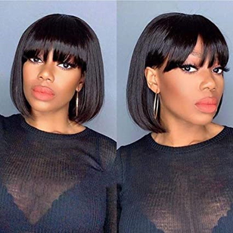 Short Bob Wigs With fringe Bangs 10inch Brazilian Straight Remy Human Hair None Lace Front 150 Density Glueless Machine Made Wig for Black Women Natur