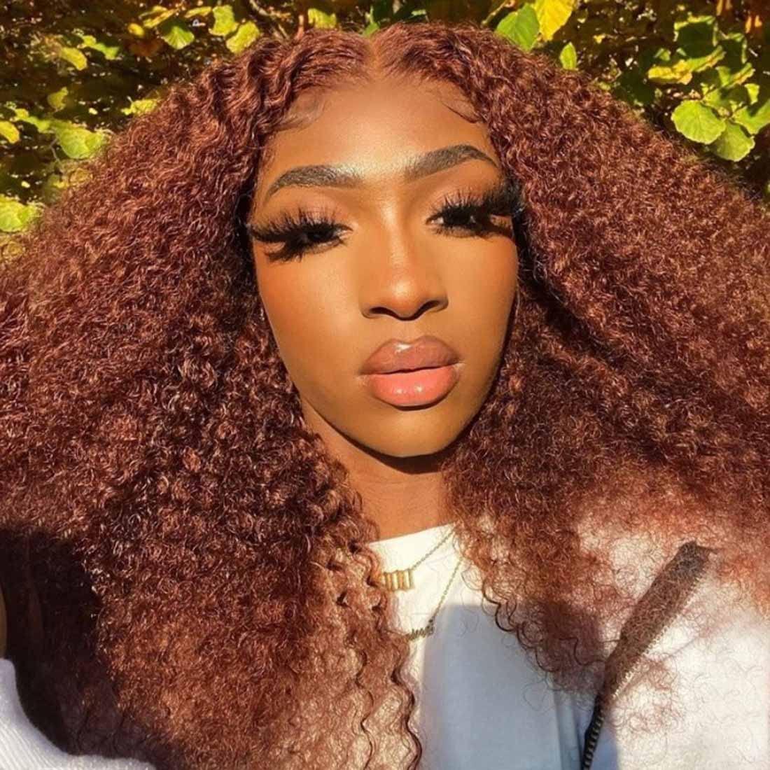 Glueless Afro Kinky Curly Human Hair Wig for Women Brazilian Hair Copper Red Full Volume Kinki Culr None Lace Front Wigs auburn brown color 33