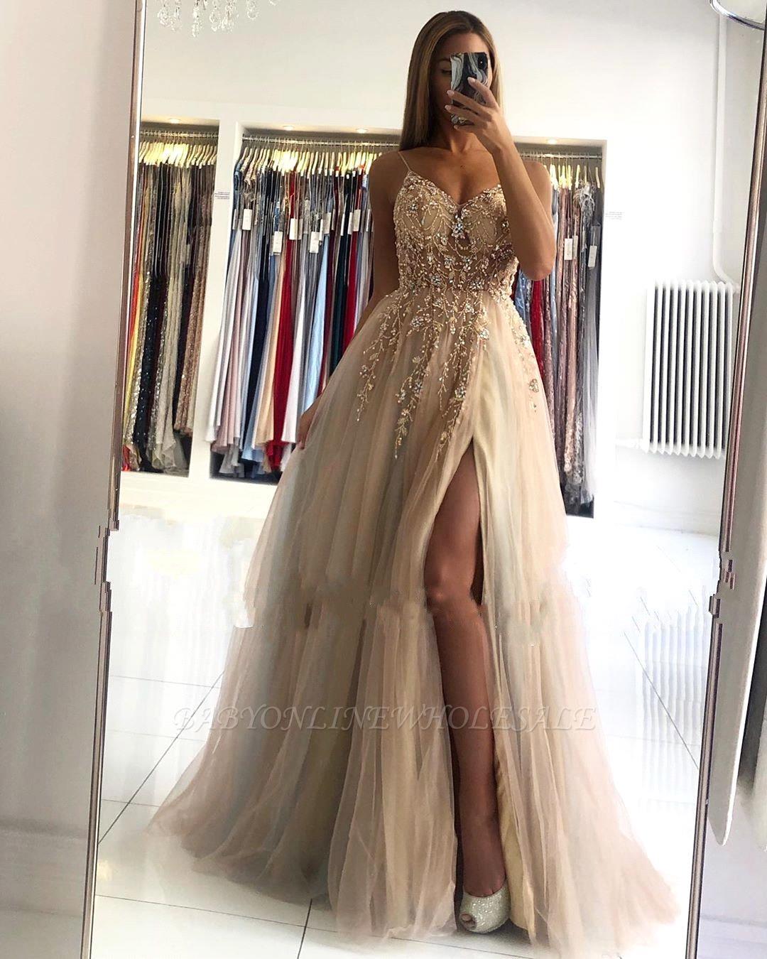 Stunning Pink Chamapgne Blue Prom Dresses A E Spahgetti Straps Split Evening Gowns With Beads Sequins Backless Party Vestidos Bc5488 6660311