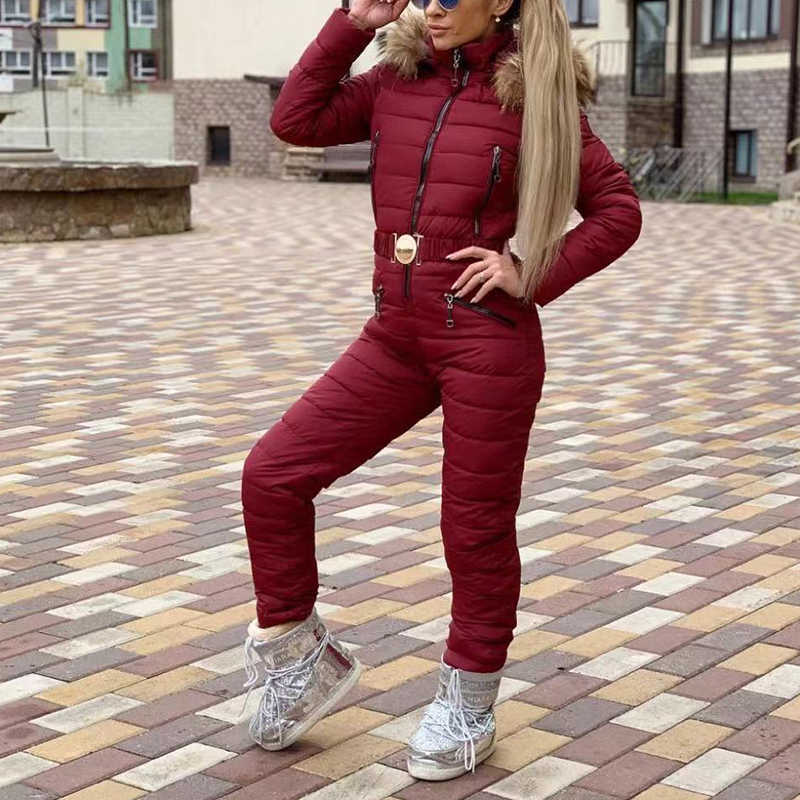 Skiing Suits One Piece Ski Jumpsuit Waterproof Snowboard Winter Overalls for Women Hooded Ski Suit Women's Sport Snowsuit Female Skiing Suits L22