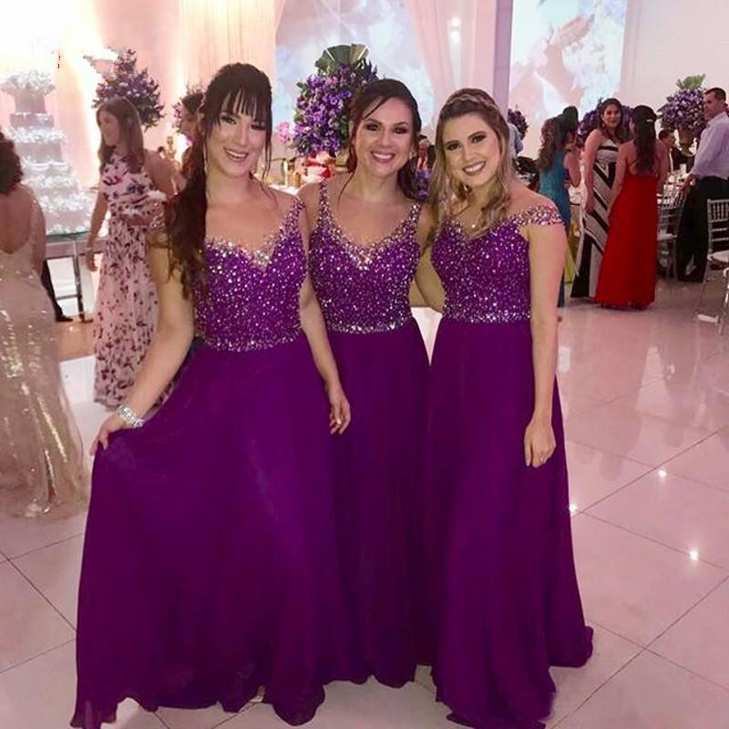 New Sparkle Sequins Beaded Purple Long Bridesmaids Dresses Illusion Back Cap Sleeve A-e Wedding Guest Dress or Length