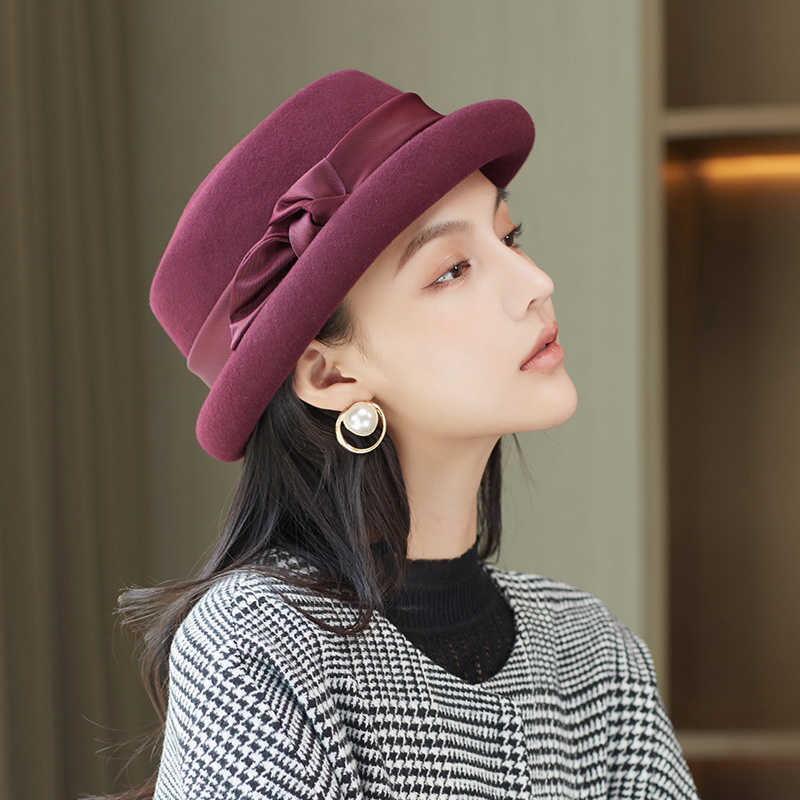 Beanie/Skull Caps Vintage Pork Pie Hat Women 3cm Small Brim Wool Felt Fedora Black Hat Lady Party Jazz Ribbon Trilby Cloche Hats L221013