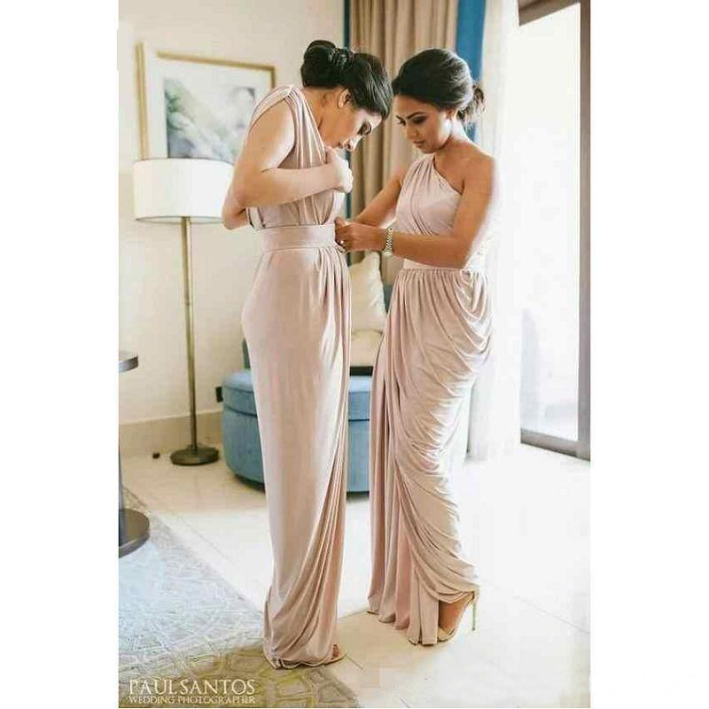 Pale Dusty Pink One-shoulder Long Country Bridesmaid Daped Split Maid of Honor Wedding Guest Party Prom Dresses