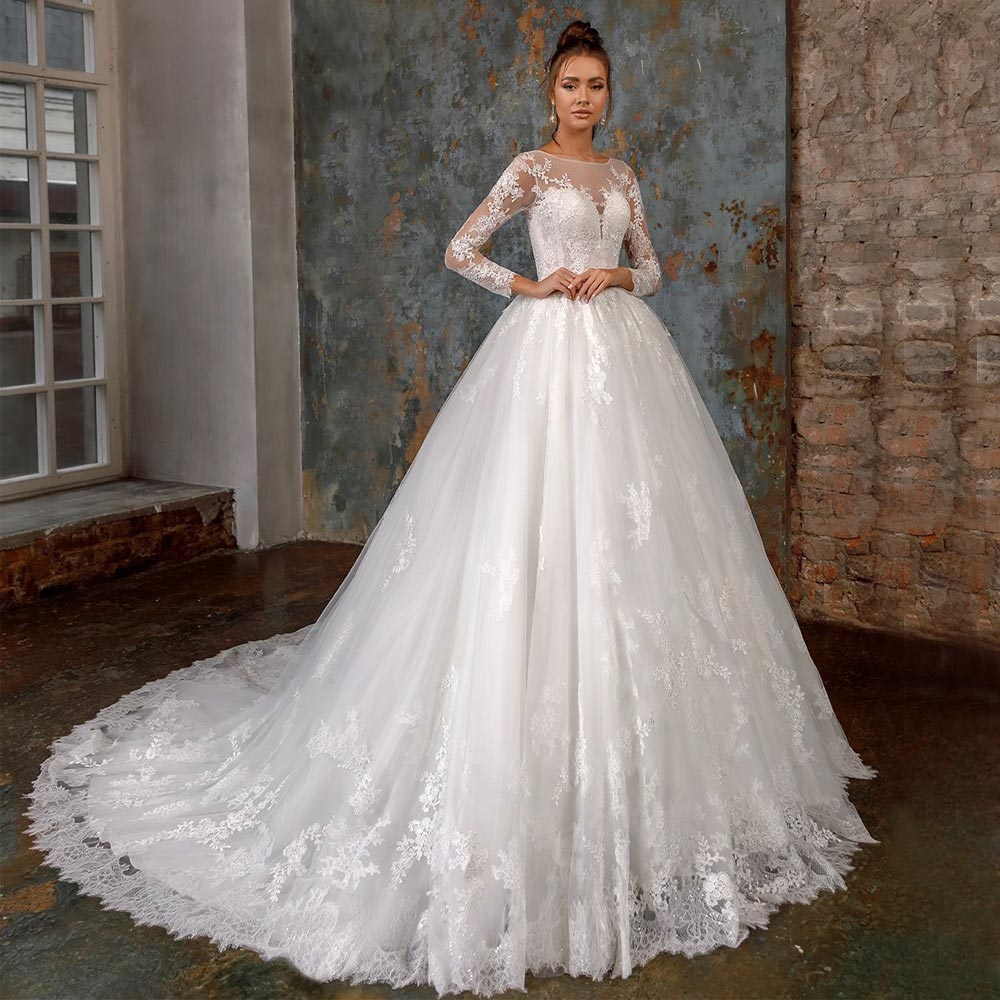 Graceful Lace Wedding Dresses Appliqued Bridal Gowns Long Sleeves Sheer Bateau Neckline Sweep Train Tulle A Line Vestido De Novia