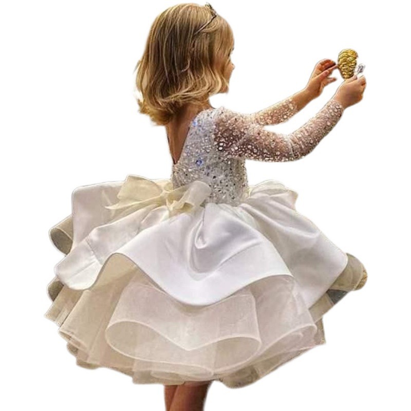 2023 Gold Champagne Flower Girls Dresses Jewel Neck long Sleeves Princess Lace Appliques Crystal Pearls Floor Length Bow tutu Kids Girl Pageant Dress 