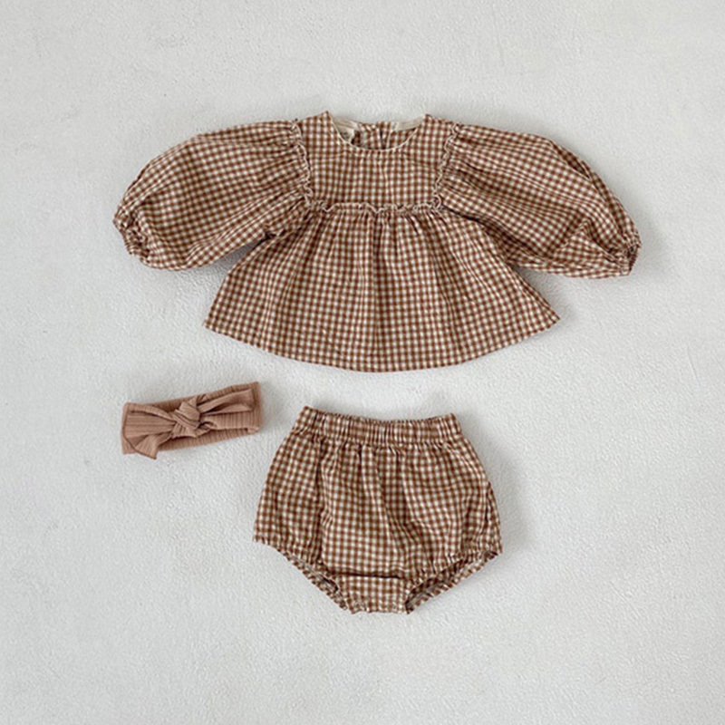 Baby Girls Suit Clothes Little Plaid Infant Set Puff Sleeve Blouse Bloomer 2pcs Toddler 220509