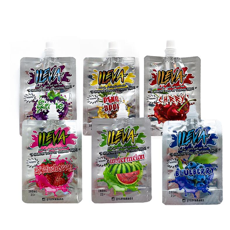 ILEVA juice bag 600mg 180ml Liquid spout top packing mylar resealable edibles aluminum foil composite packaging bags self-supporting nozzle
ILEVA juice bag 600mg 180ml Liquid spout top packing mylar resealable edibles aluminum foil composite packaging bags self-supporting nozzle
