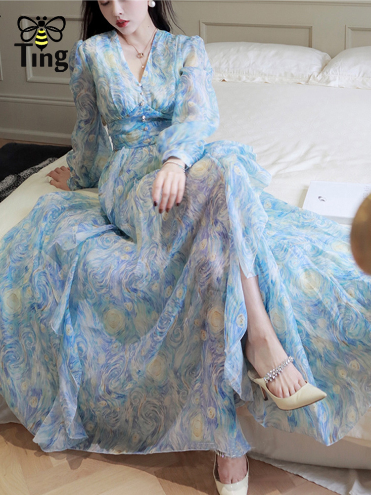 Casual Dresses Tingfly Button Decor Artistic Van Gogh Starry Painting Print Flowy Long Party Dinner Women Ruffles Vintage Robes 221018