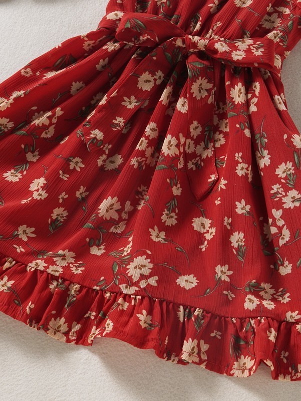 Toddler Girls Floral Print Ruffle Hem Belted Cami Dress SHE