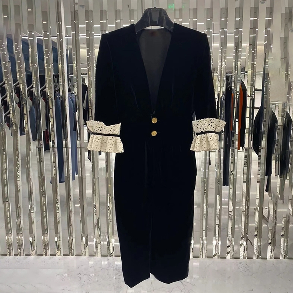 Womens v-neck three quarter sleeve dress velvet fabric sexy knee length vestidos SMLXL