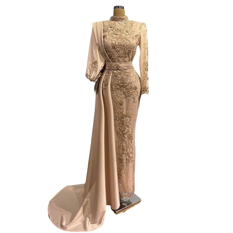 Muslim Dubai Arabic Mermaid Evening Dresses With Long Sleeves High Collar Embroidery Lace Beaded Prom Gowns Peplum Elegant Satin Vestidos De Festa