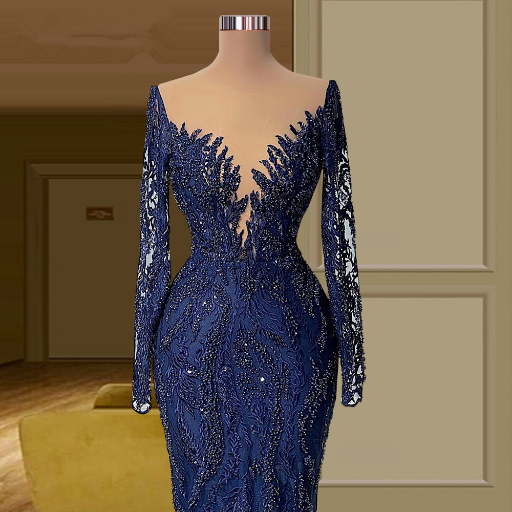 Unique Navy Blue Mermaid Prom Dresses Lace Beaded Party Dresses Long Sleeves V Neck Custom Made Evening Dress