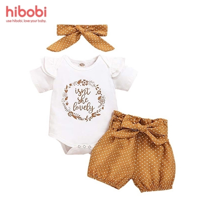 hibobi 3-piece Letter Pattern Bodysuit Polka Dot Shorts Headwear for Baby Girls 220509