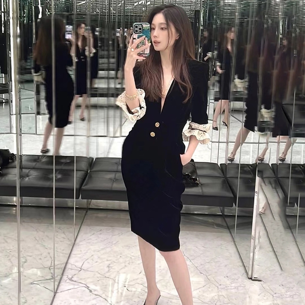 Womens v-neck three quarter sleeve dress velvet fabric sexy knee length vestidos SMLXL